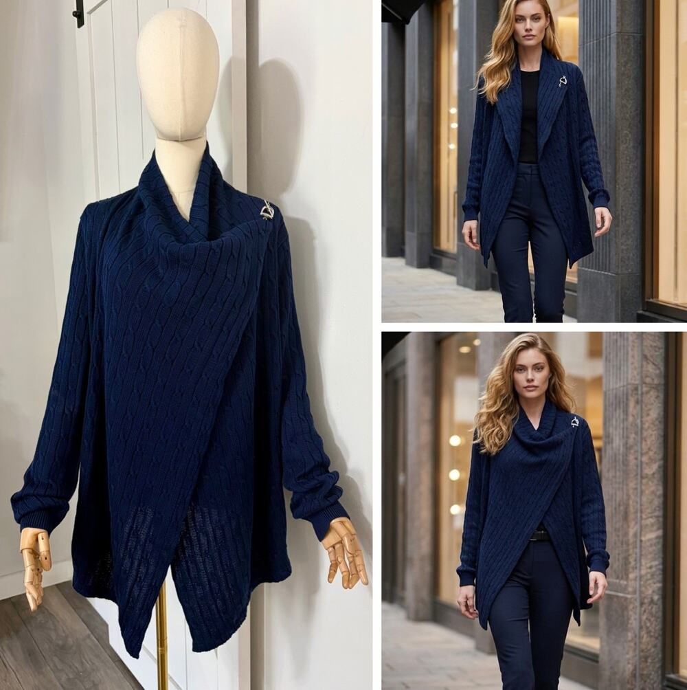 VTG Ralph Lauren Sport Size XL Blue Cable Knit Wrap Sweater Cardigan Cotton